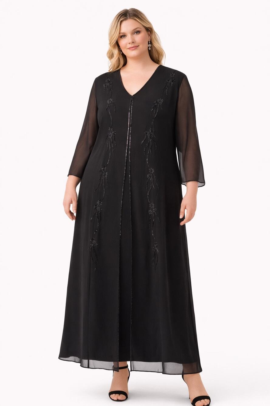 1990s Night Studio black beaded chiffon gown with sheer overlay & sleeves 16